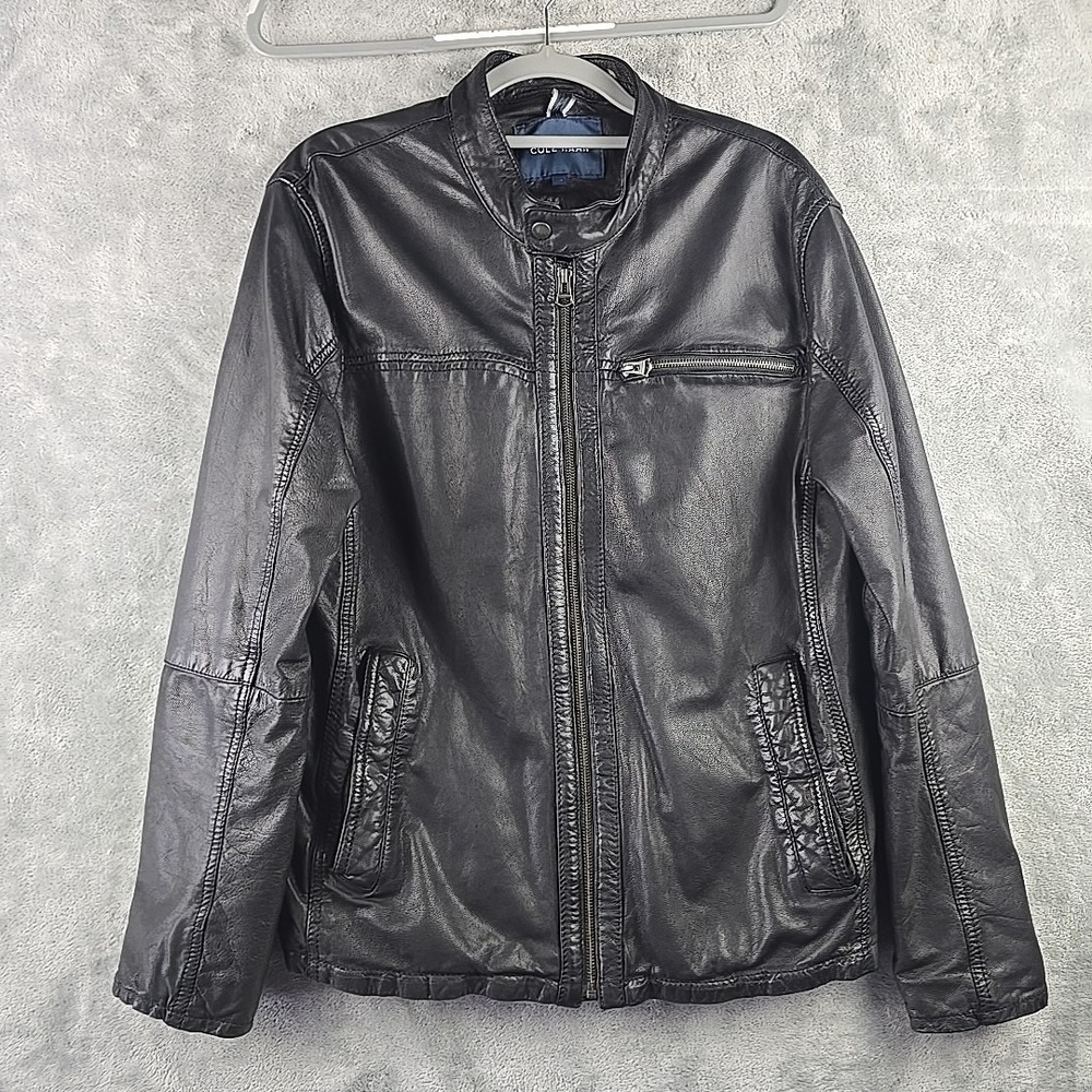 Cole Haan Leather Jacket Men's Large Black Moto Zip Up Soft Snap Collar Pockets